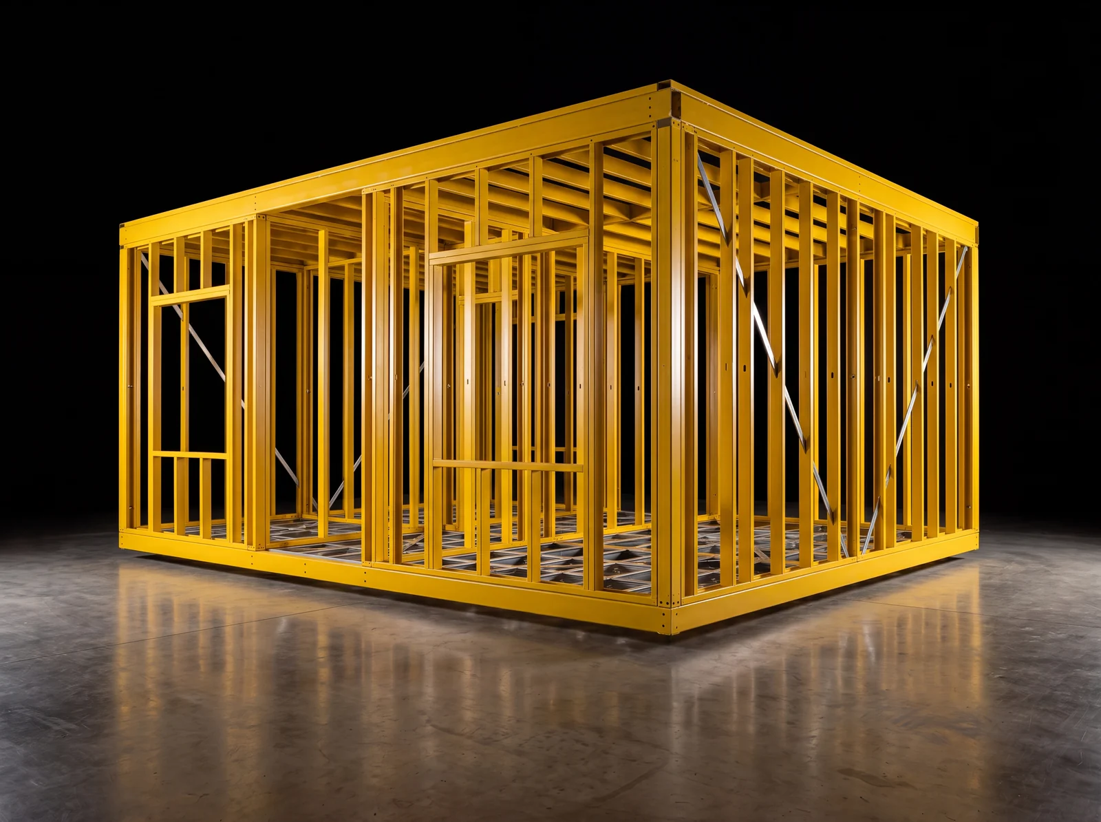 A Made module's over-engineered yellow structural steel frame, built to survive road transport