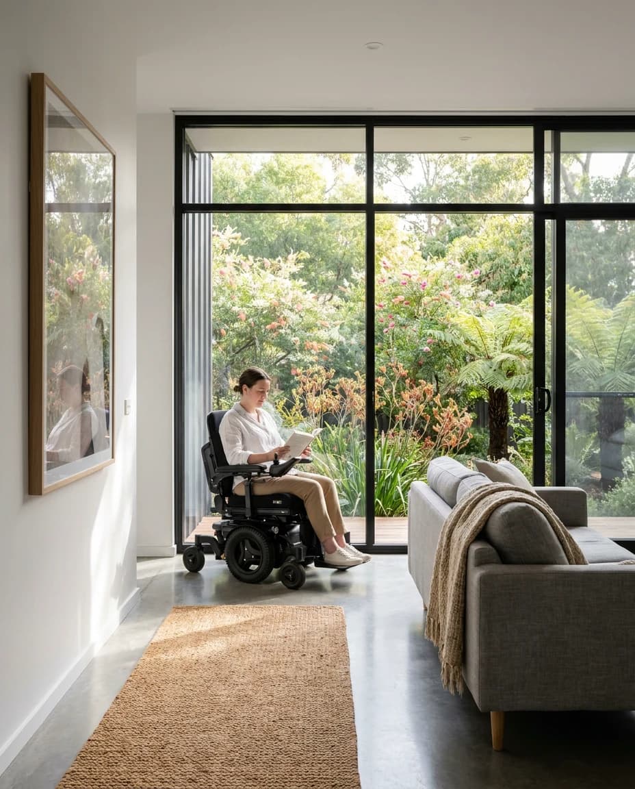A resident at home in a light-filled, accessible Made living space