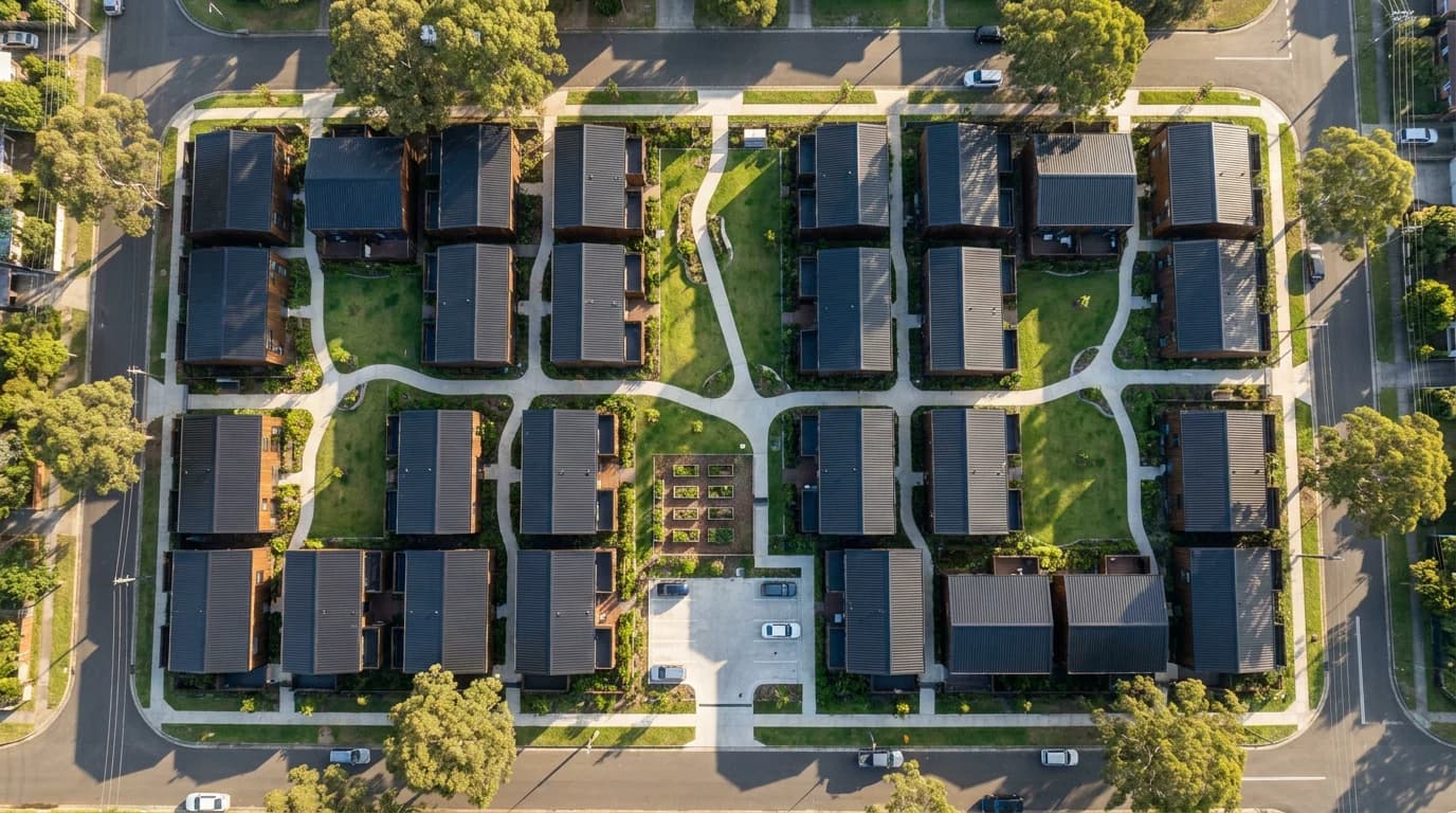 A top-down aerial of a Made development of many similar dwellings delivered together at volume