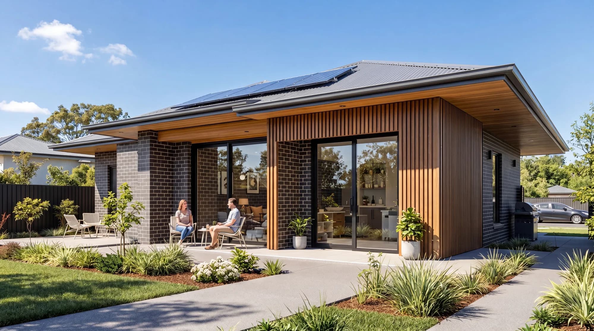 A charcoal-brick single-storey accessible Made home with residents on the patio, built to the SDA standard, dignity-first, golden hour