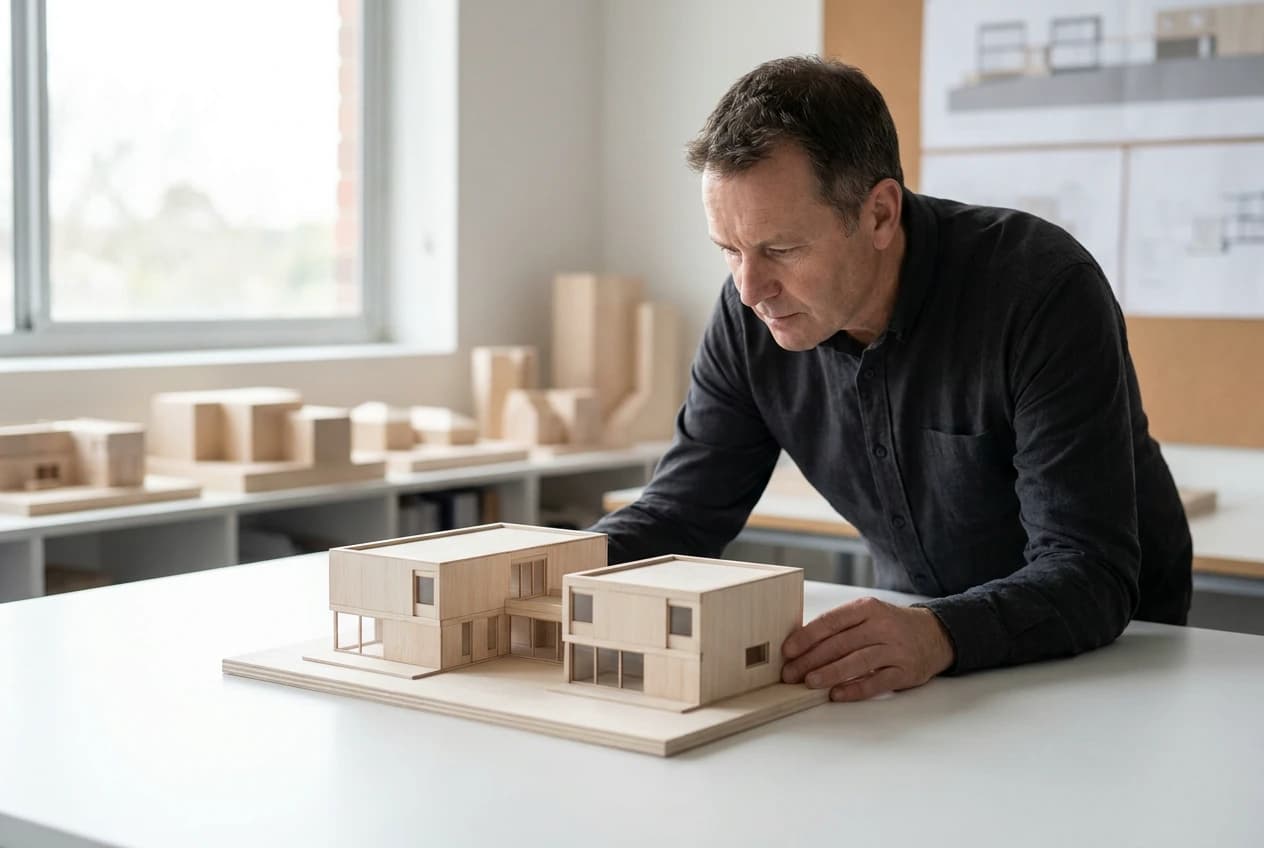 A Made architect studying a precise scale model of two connected modules in the studio