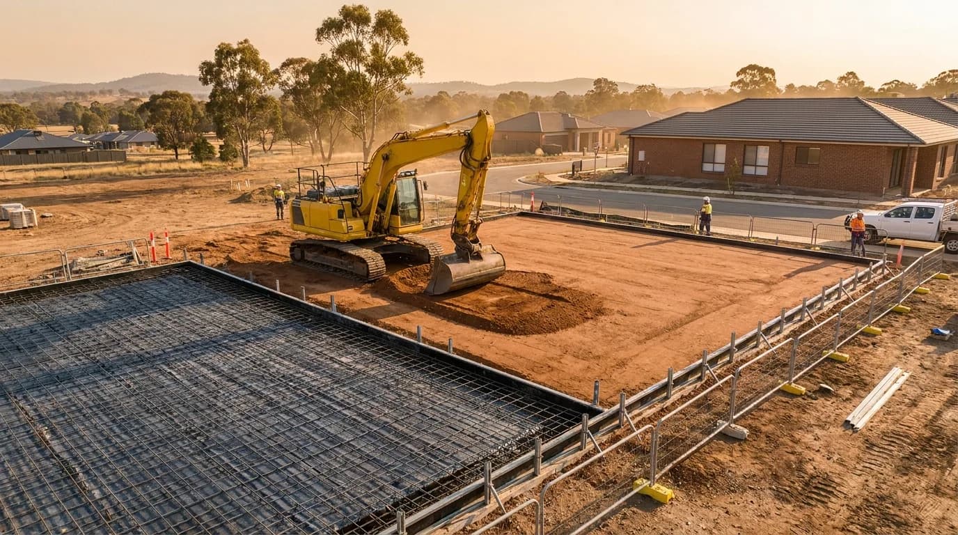 Site preparation and slab foundation works on an Australian residential block