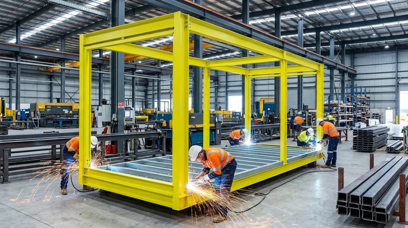 A volumetric module being built on the climate-controlled factory floor