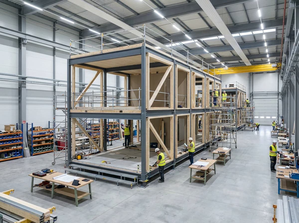 A volumetric module being built on the climate-controlled factory floor