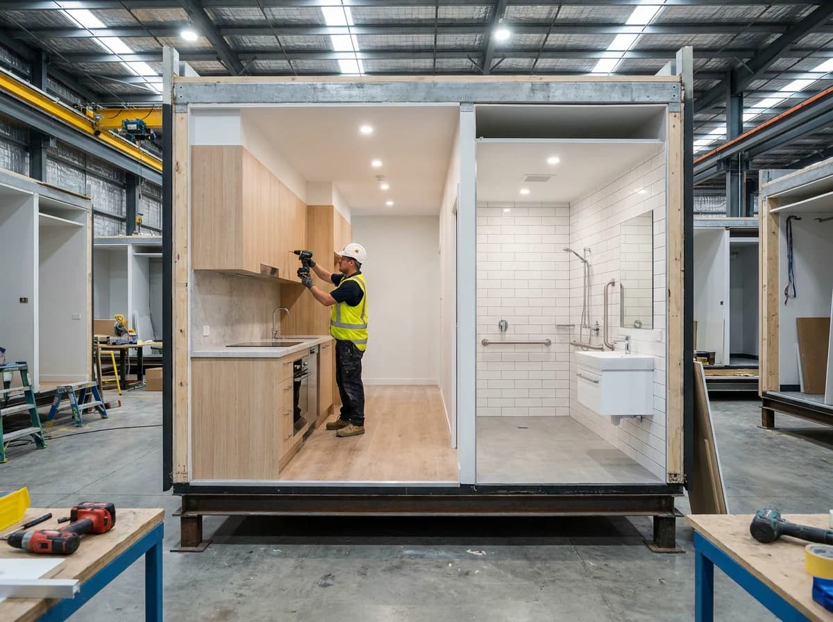 Interior fit-out of a module, kitchen and bathroom installed inside the factory