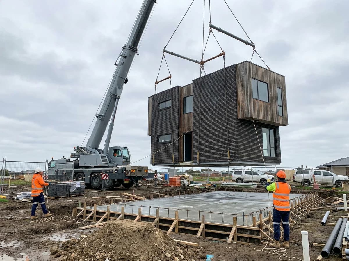 A crane lowering a Made module onto the in-situ slab, the marriage
