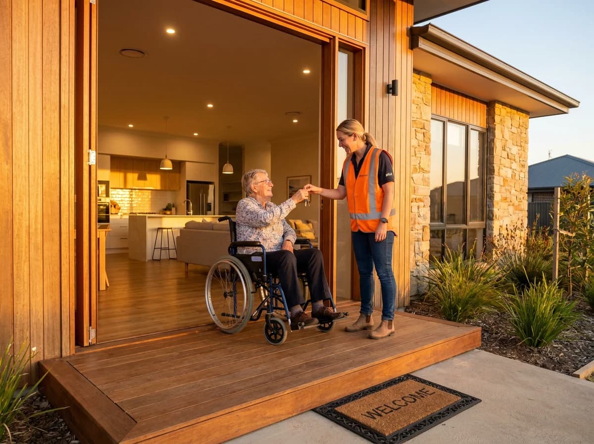 Handover day, a resident receiving keys at a finished accessible home