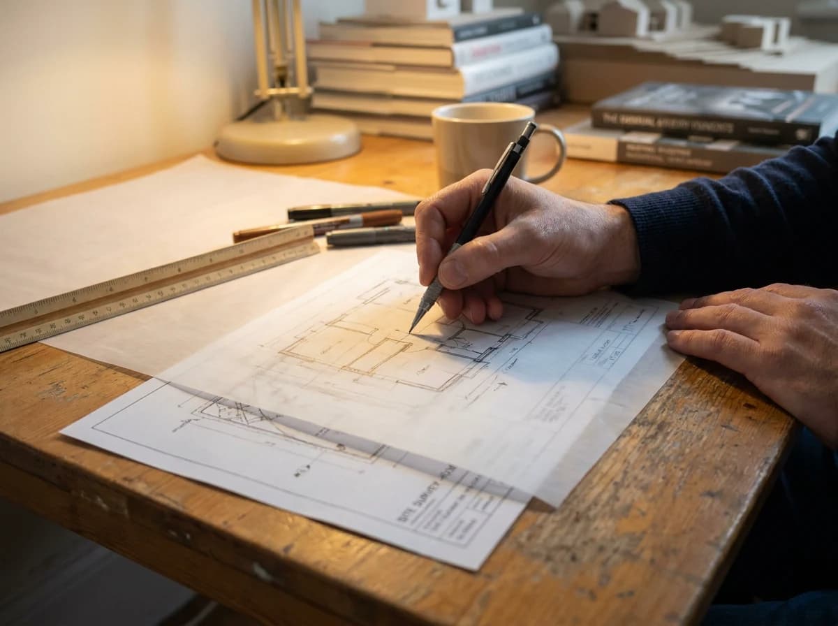 An architect sketching early schematic floor plans by hand in the studio