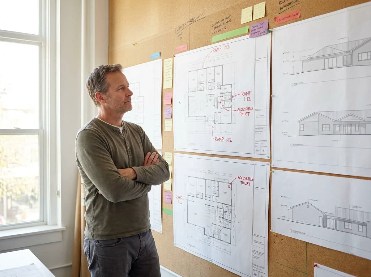 An architect assessing pinned-up plans against accessibility and compliance