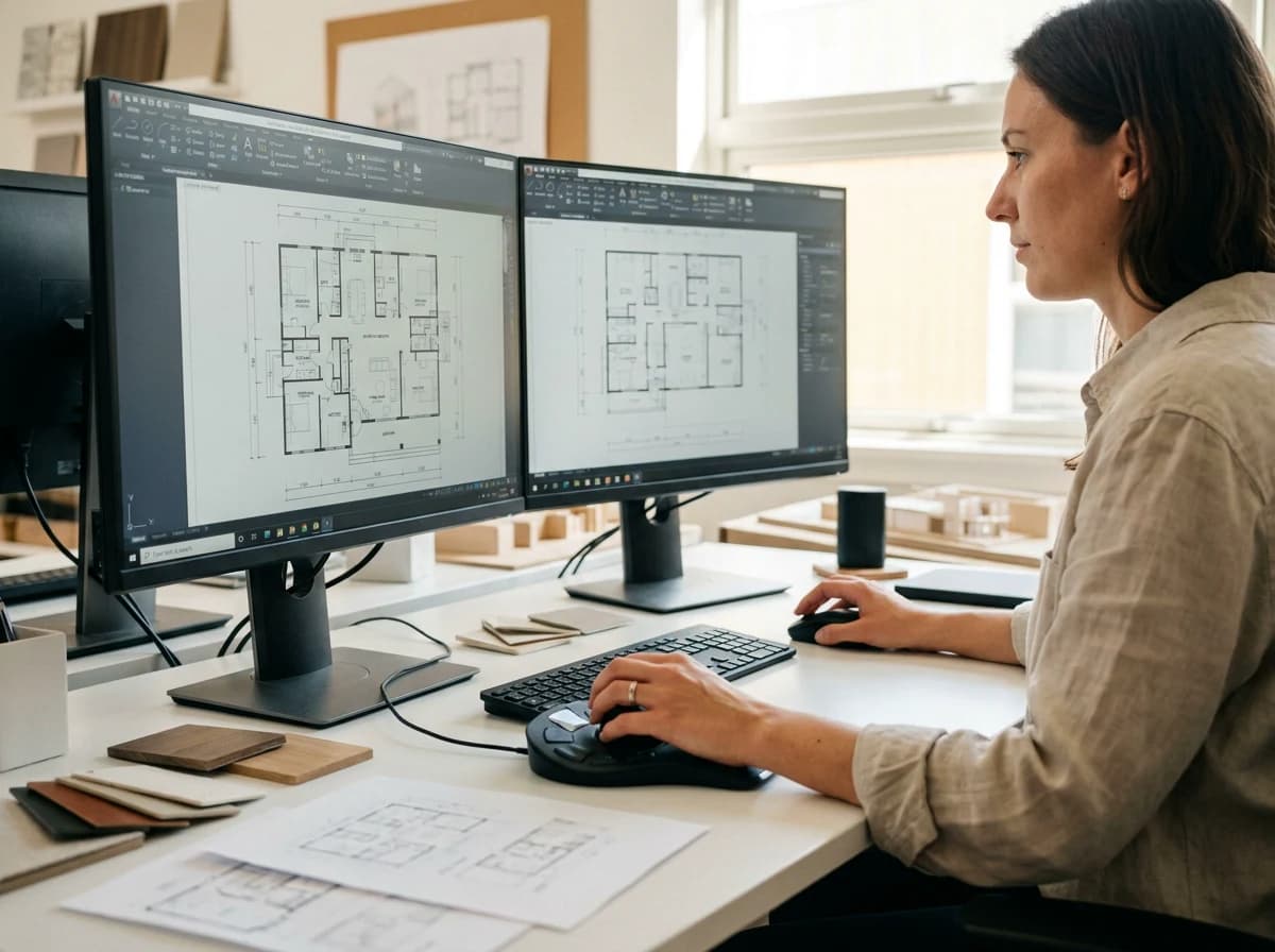 An architect developing a detailed CAD floor plan of an accessible dwelling