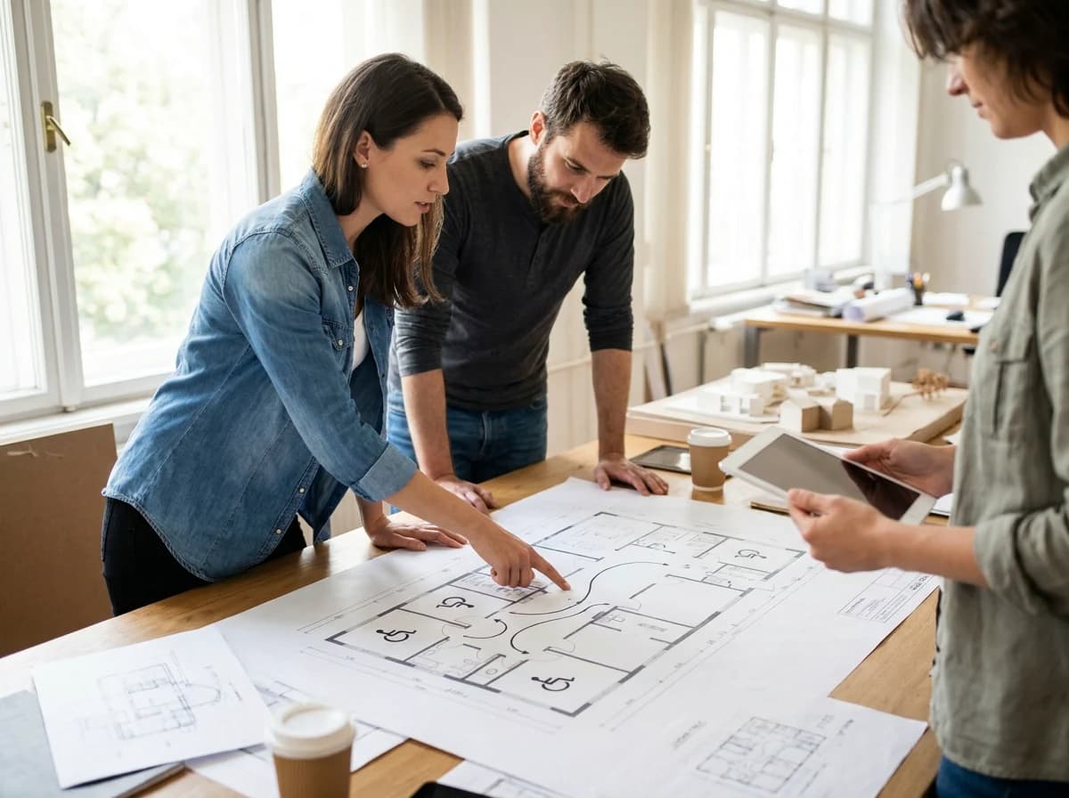 A design team coordinating an accessible-dwelling plan together at the studio table