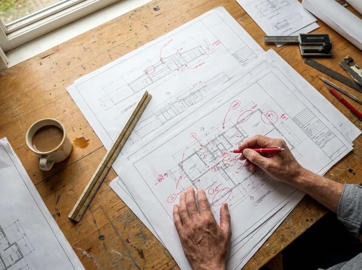 Drawing sets spread across a studio table with markups at the draft review