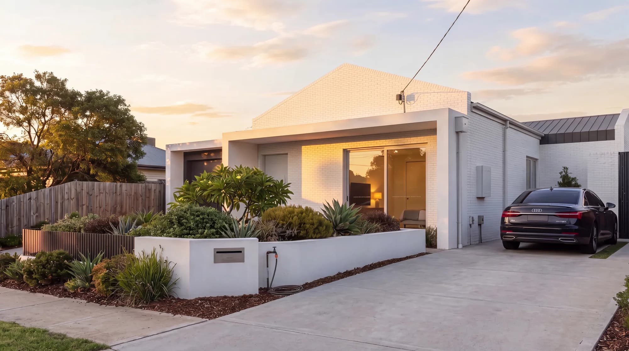 Detached single-storey Made group homes on a strata-subdivided lot, social housing held to the same quality bar, golden hour