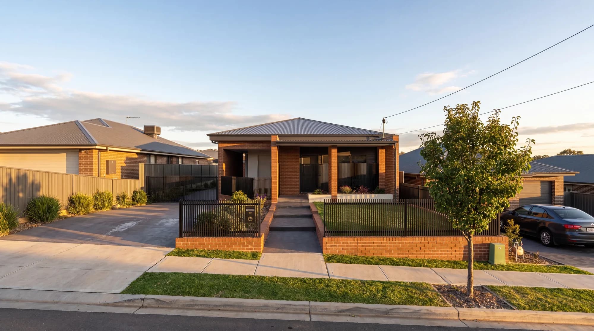 A modest single-storey Made home with a front porch, permanent affordable housing built to last, golden hour