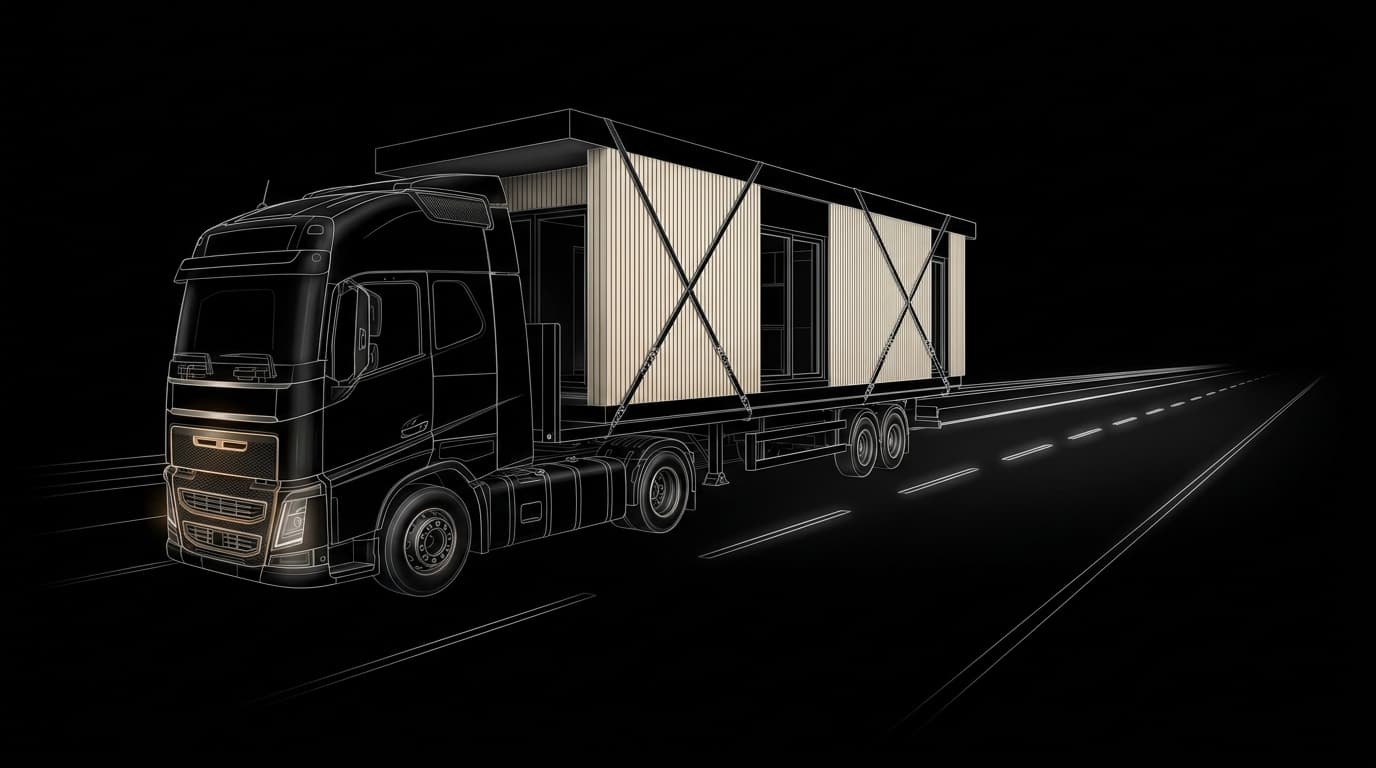 A Made module on a truck mid-transport with light trails, engineered for efficiency, built for life