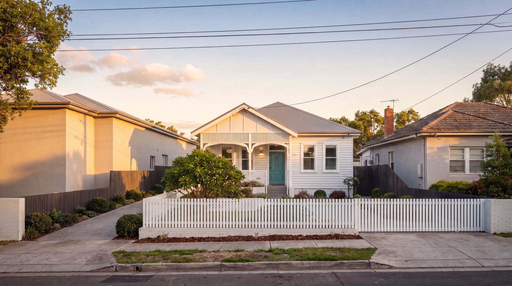 A Made dual occupancy pairing a restored heritage cottage with a new accessible dwelling behind, joined by a glass bridge, golden hour