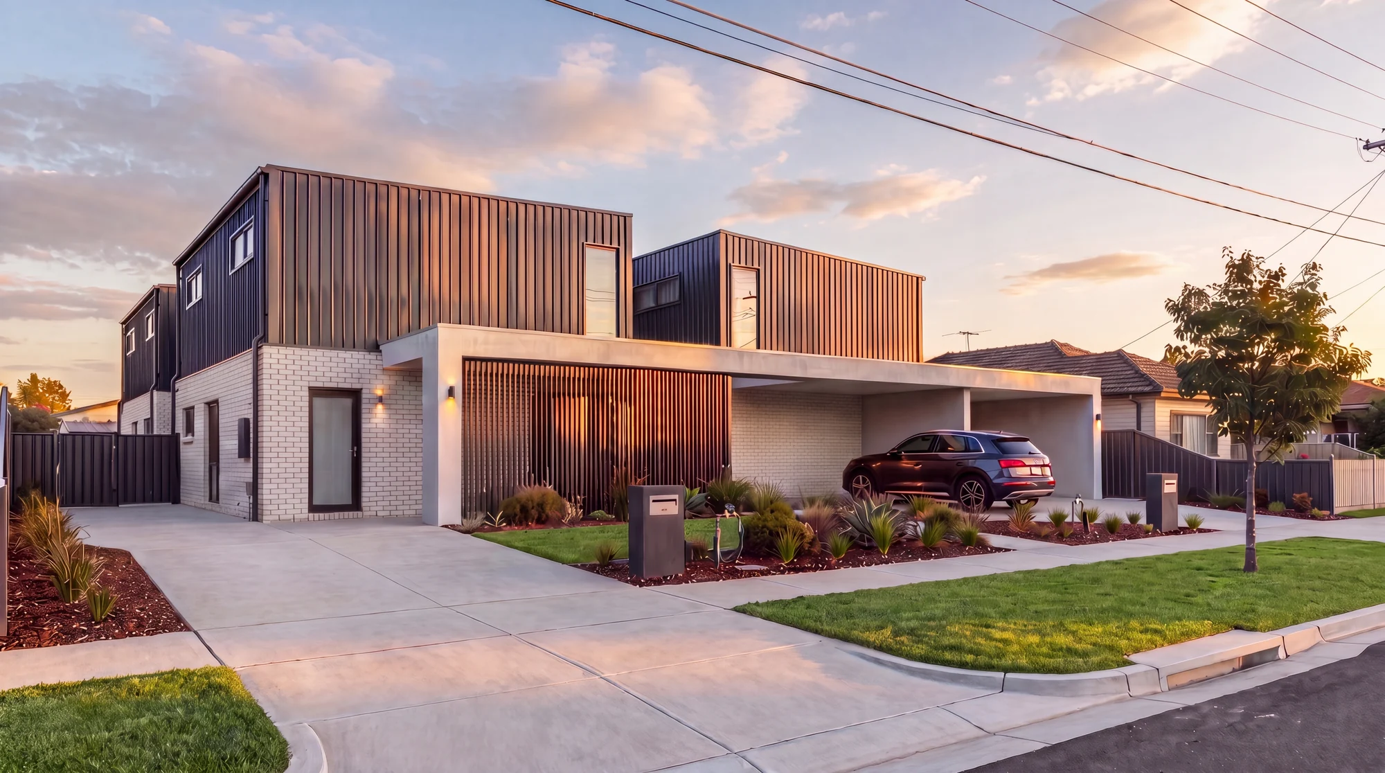 A Made co-living mini-village across two lots, brick ground floor and dark cladding above, golden hour