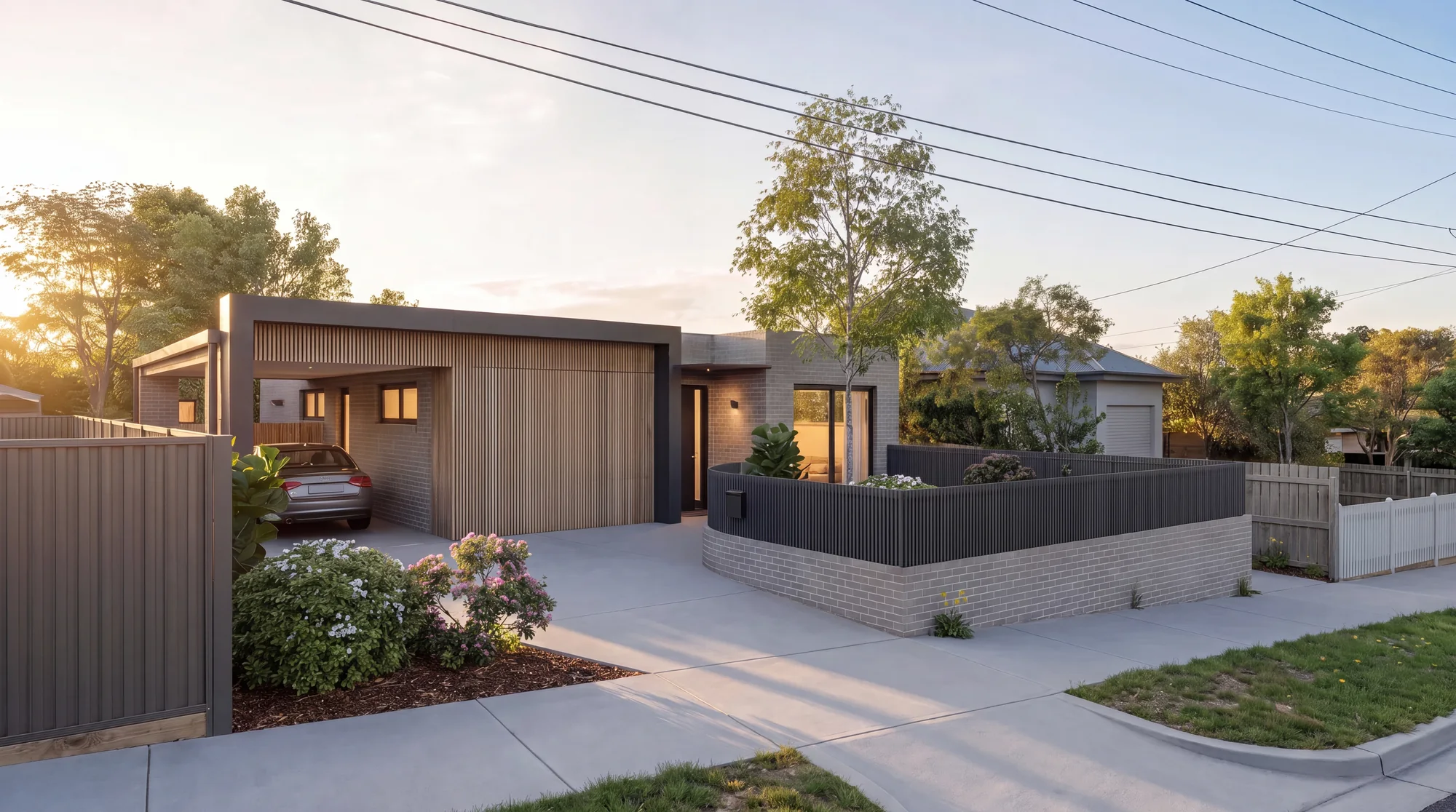 A single-storey Made co-living home in face brick with brick blades and a rectilinear form, golden hour
